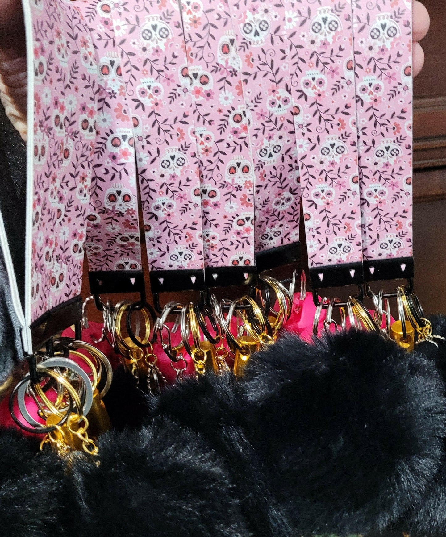 Sugar Skull Pink and Black Faux Leather Gold Kubaton Self-Defense Keychain.