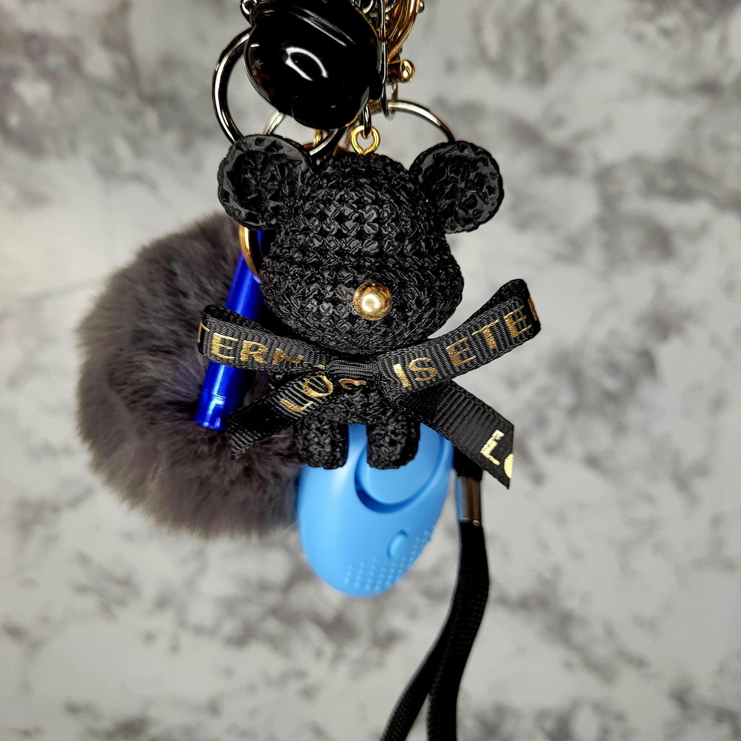 Black Bear with Bell Grey Pompom Keychain.