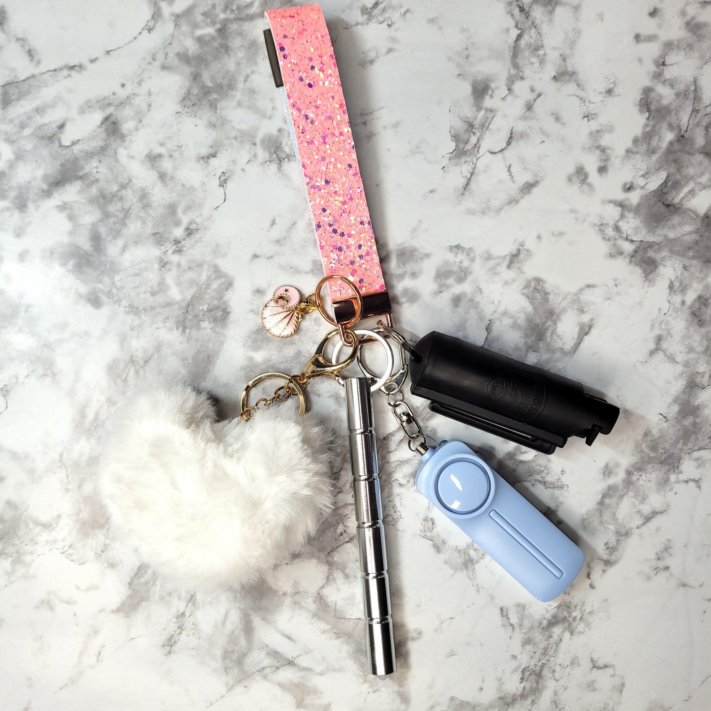 Pink Sparkle Faux Leather White Heart Pompom Self-Defense Keychain.