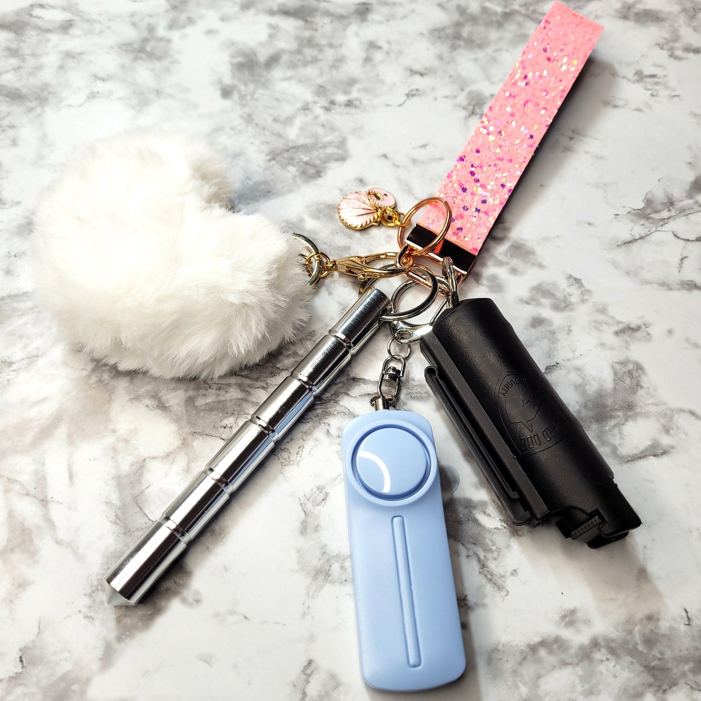 Pink Sparkle Faux Leather White Heart Pompom Self-Defense Keychain.