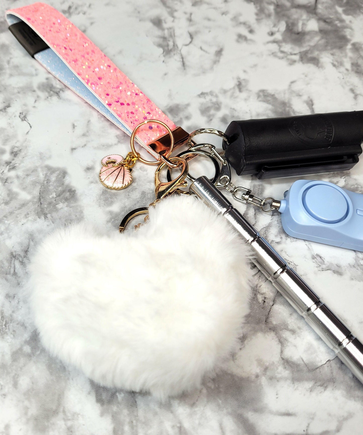 Pink Sparkle Faux Leather White Heart Pompom Self-Defense Keychain.