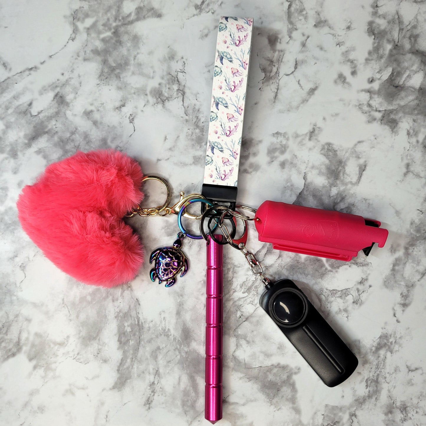 Sea Life Dark Pink Turtle Faux Leather Self-Defense Keychain.