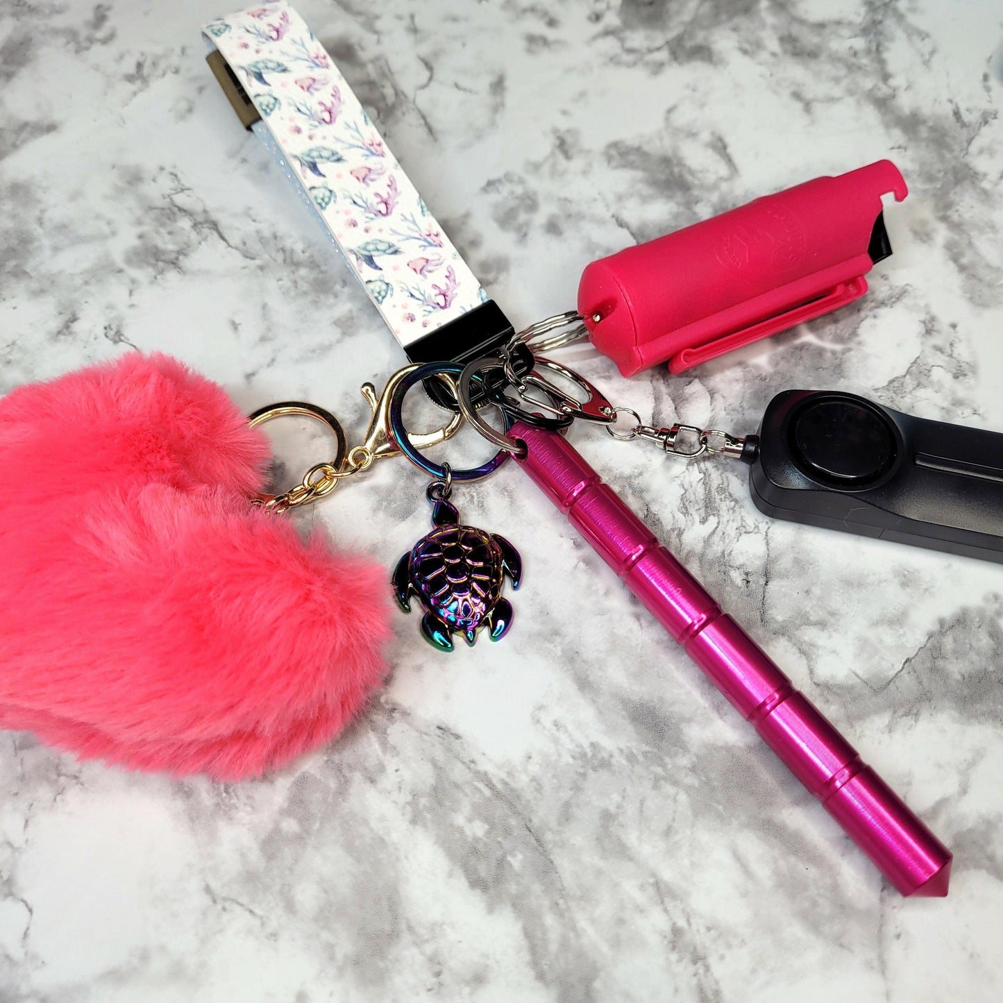 Sea Life Dark Pink Turtle Faux Leather Self-Defense Keychain.