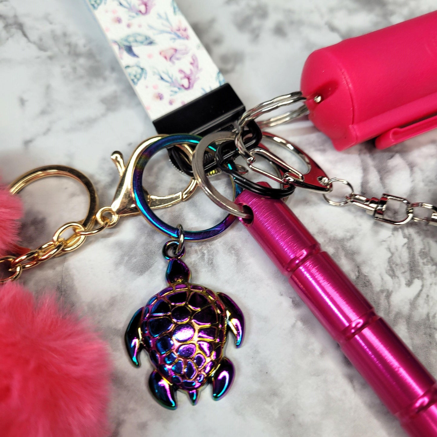 Sea Life Dark Pink Turtle Faux Leather Self-Defense Keychain.