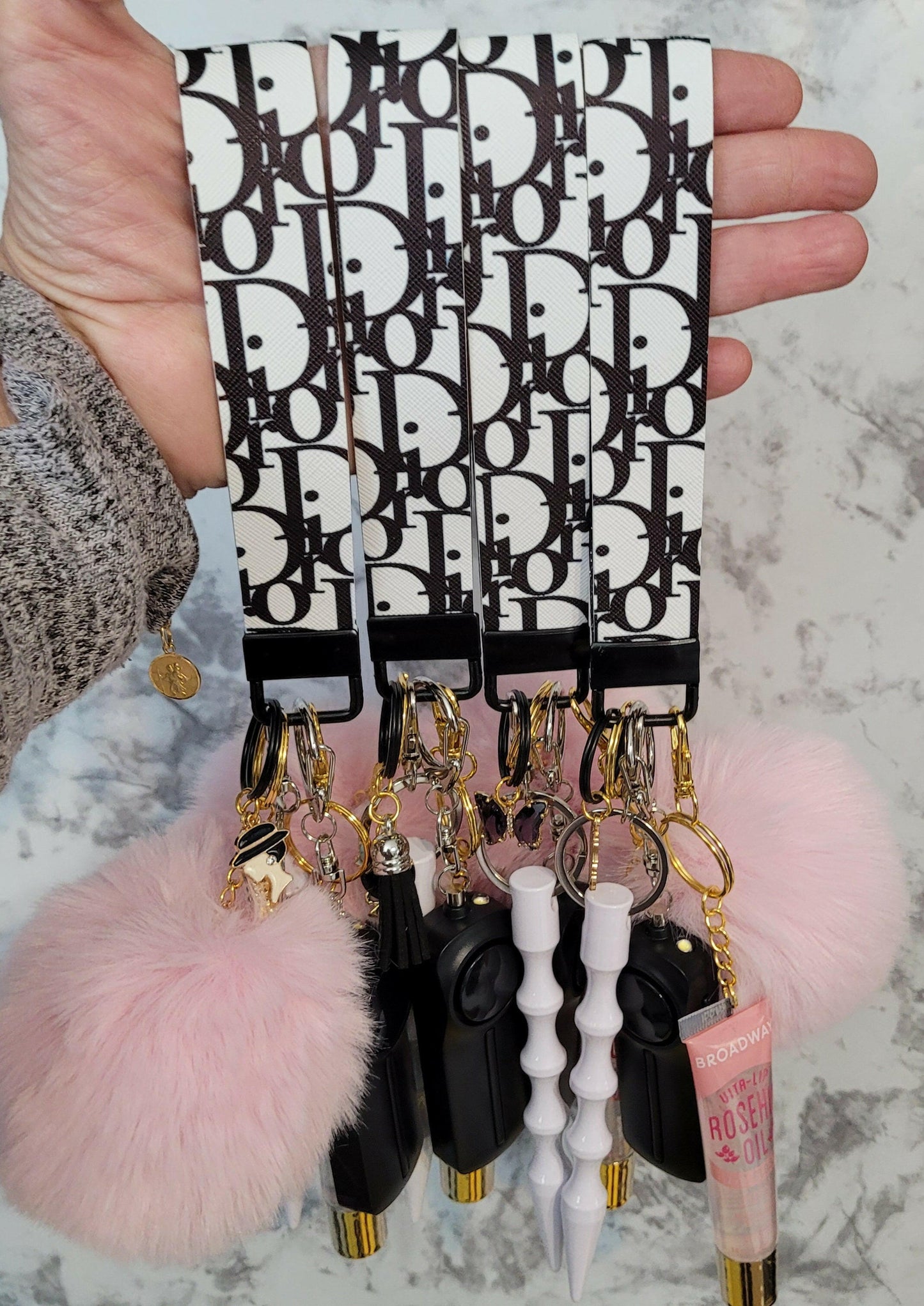 Black and White Faux Leather Wristlet Pink Pompom Self-Defense Keychain.