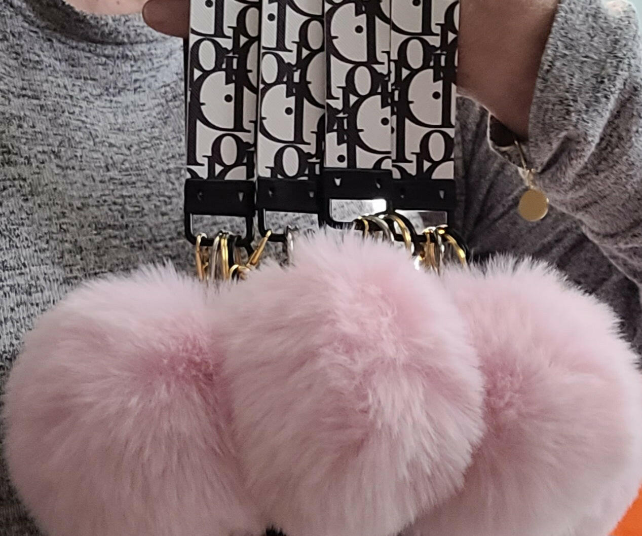 Black and White Faux Leather Wristlet Pink Pompom Self-Defense Keychain.