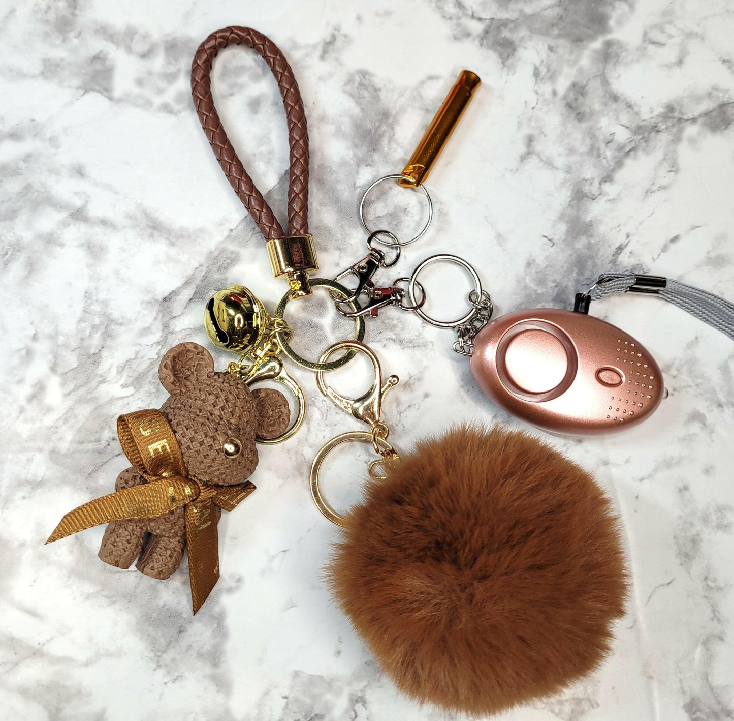 Brown Bear with Bell Rose Gold Alarm Keychain.