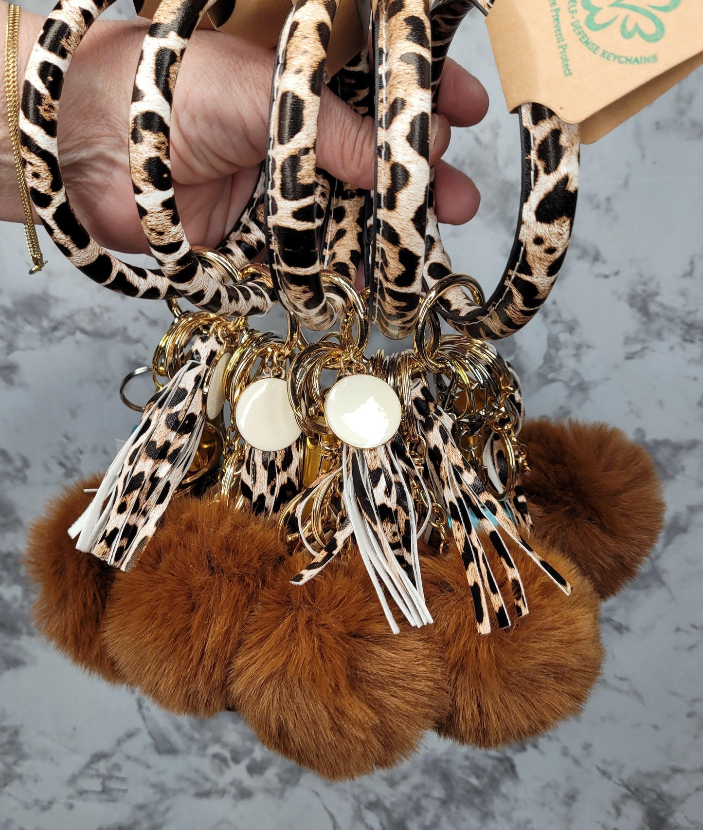 Animal Print Ring Wristlet Brown Pompom Self Defense Keychain.