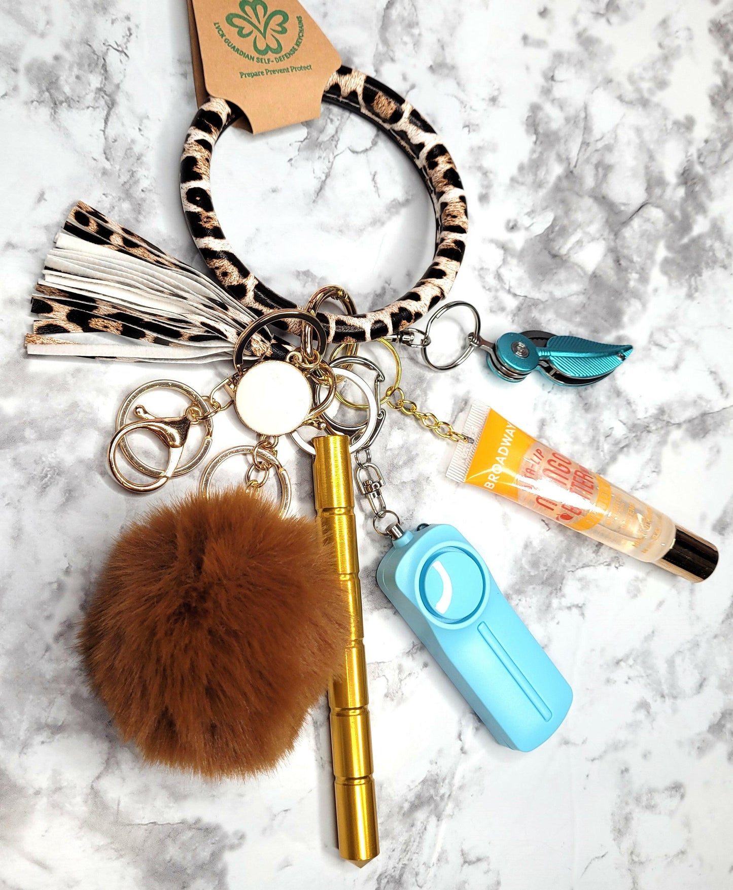 Animal Print Ring Wristlet Brown Pompom Self Defense Keychain.