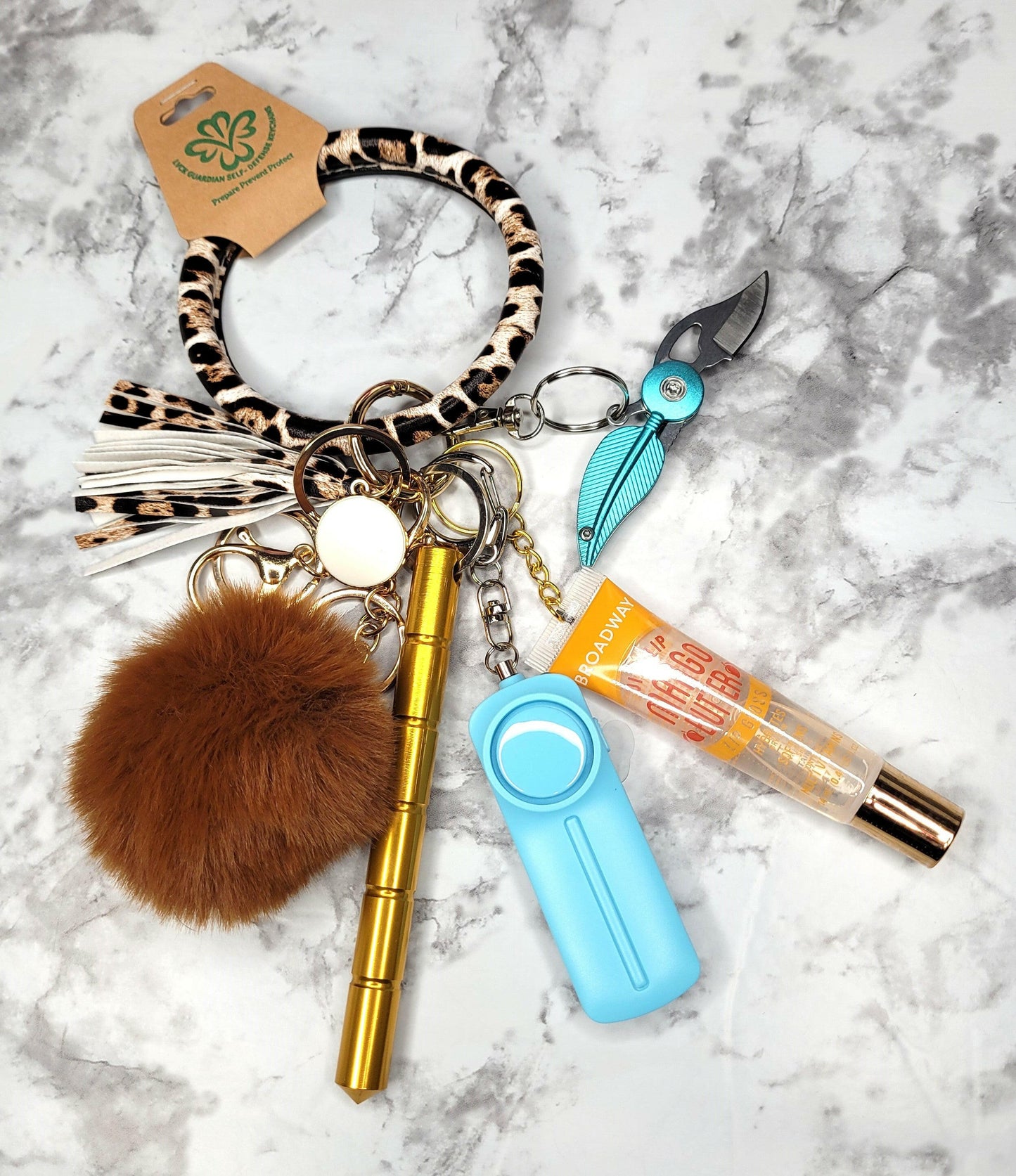 Animal Print Ring Wristlet Brown Pompom Self Defense Keychain.