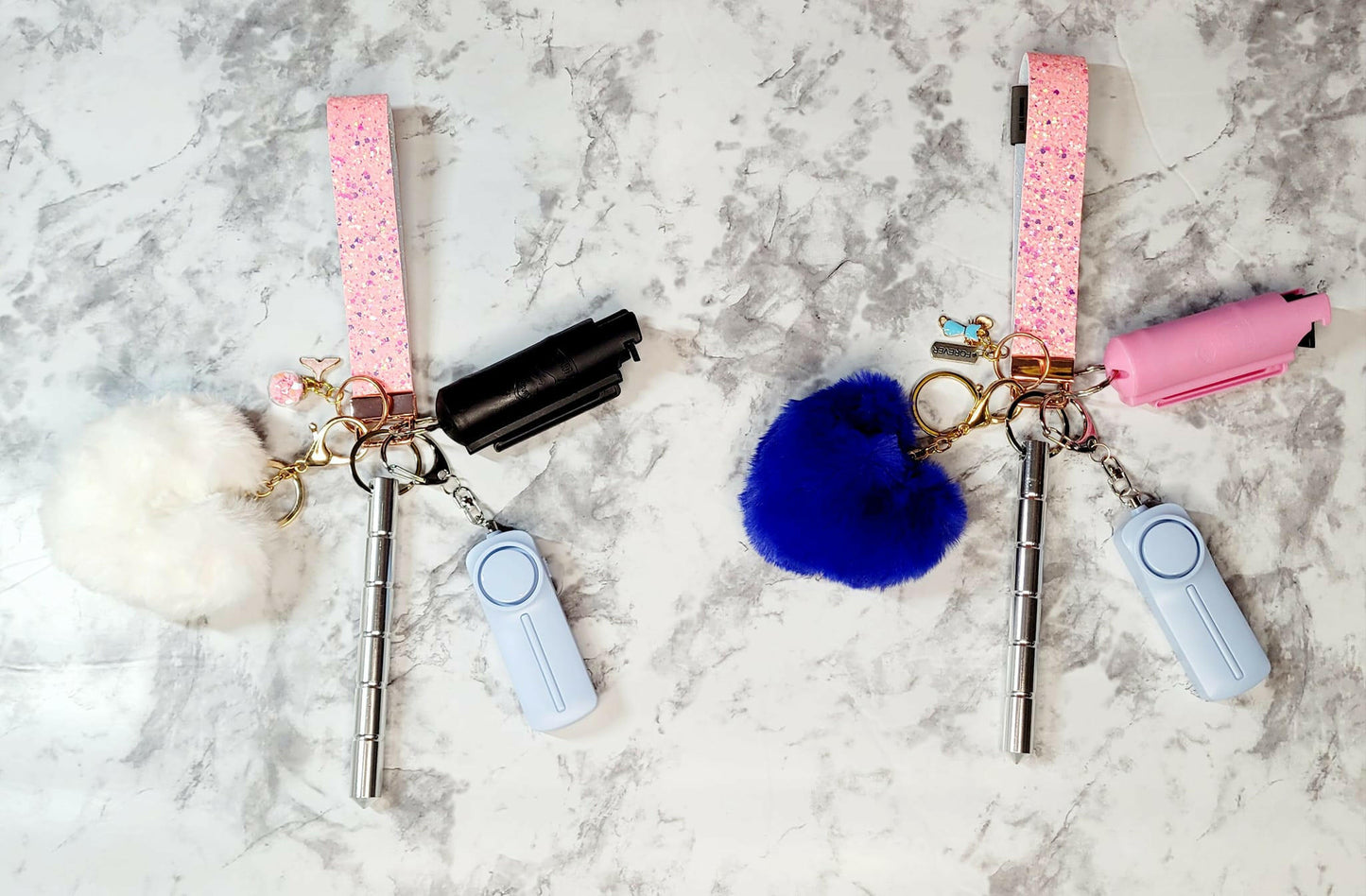 Pink Sparkle Faux Leather White Heart Pompom Self-Defense Keychain.
