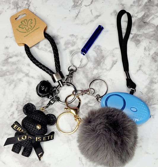 Black Bear with Bell Grey Pompom Keychain.