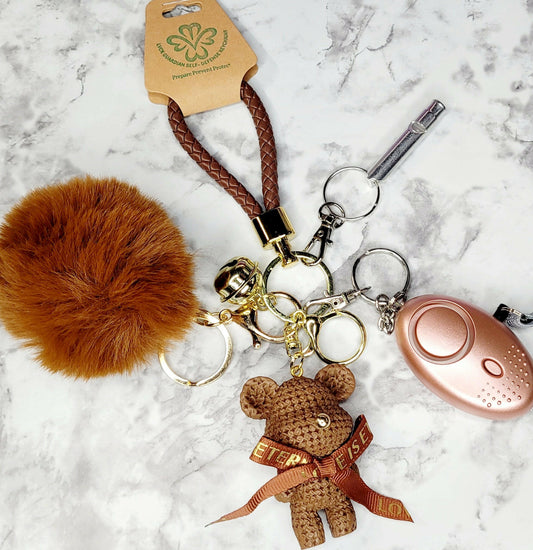 Brown Bear with Bell Brown Pompom Keychain.