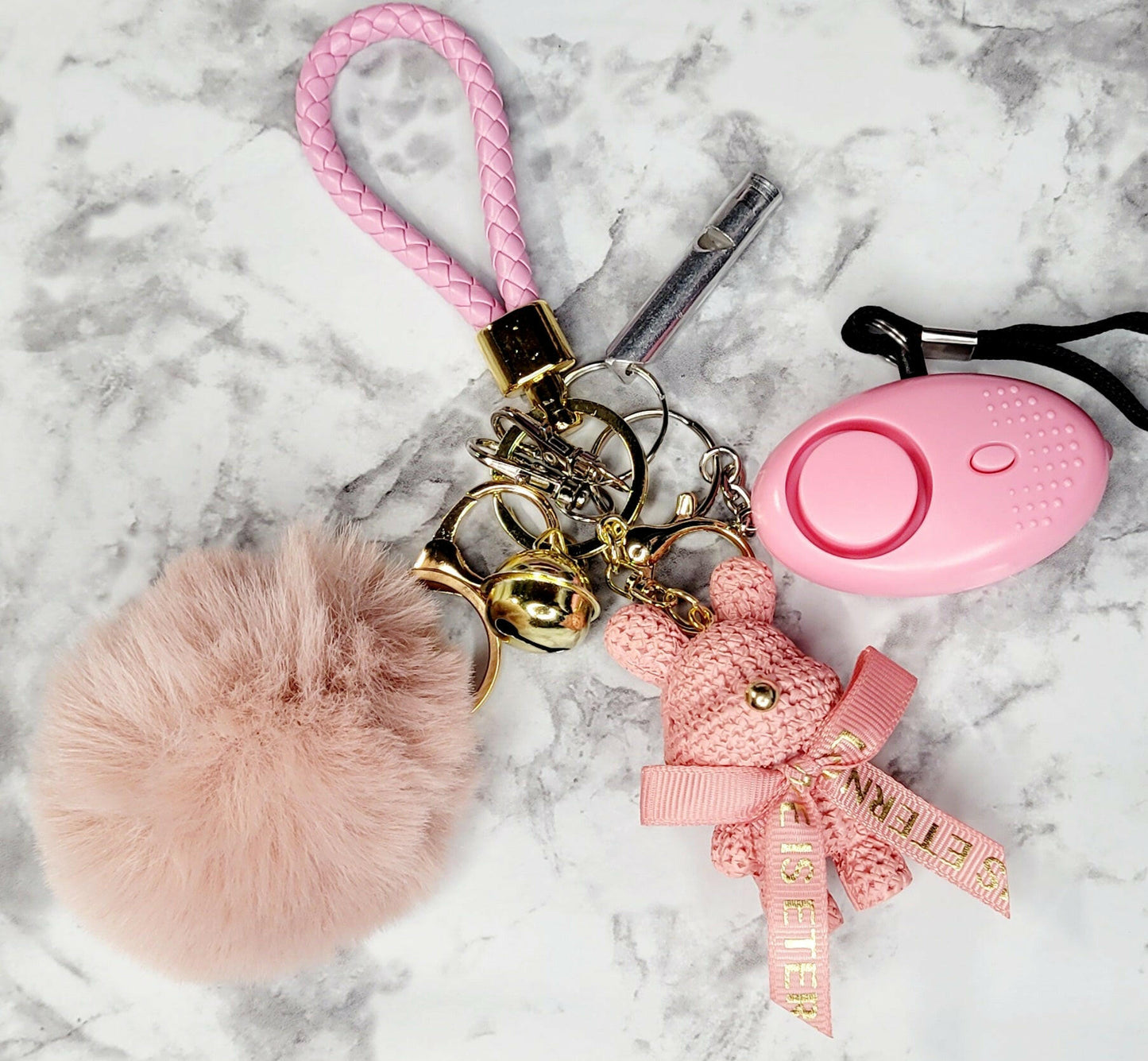 Pink Bear with Bell Dusty Pink Pompom Keychain.