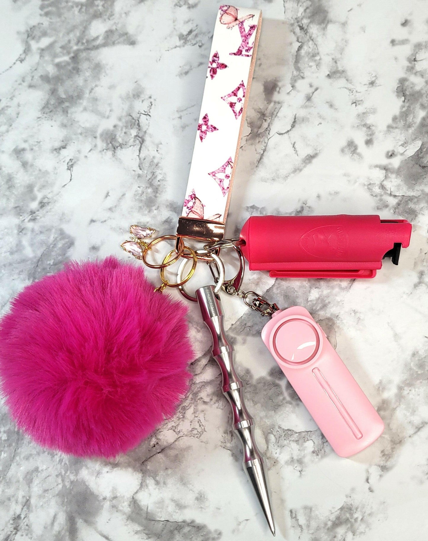 White and Pink Butterfly Faux Leather Dark Pink Pepper Spray Self-Defense Keychain.