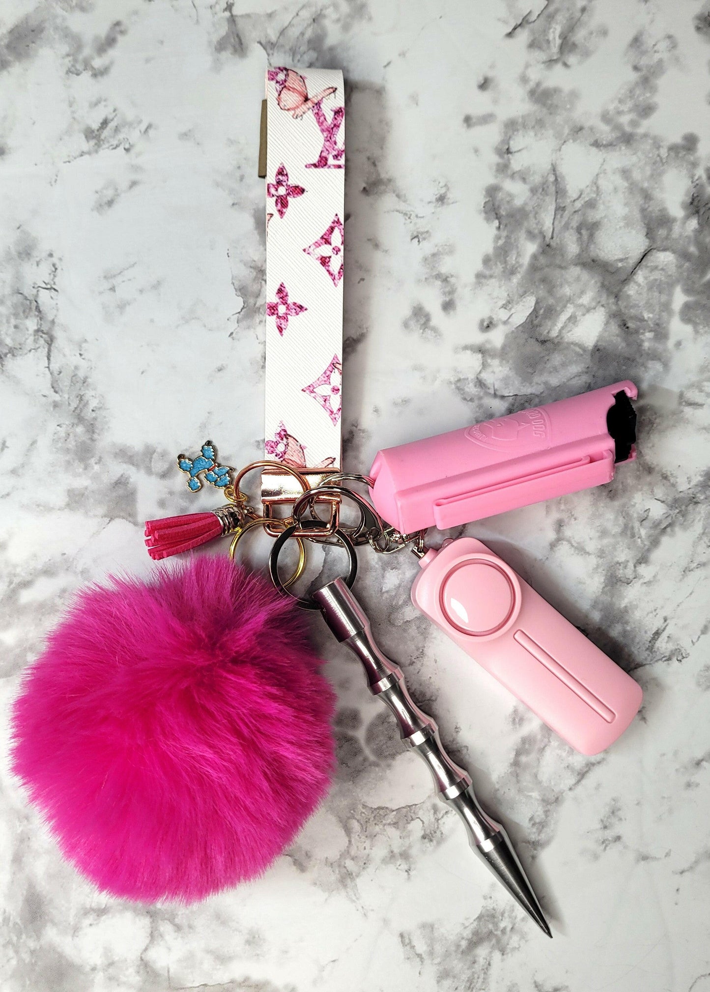 White and Pink Butterfly Faux Leather Light Pink Pepper Spray Self-Defense Keychain.