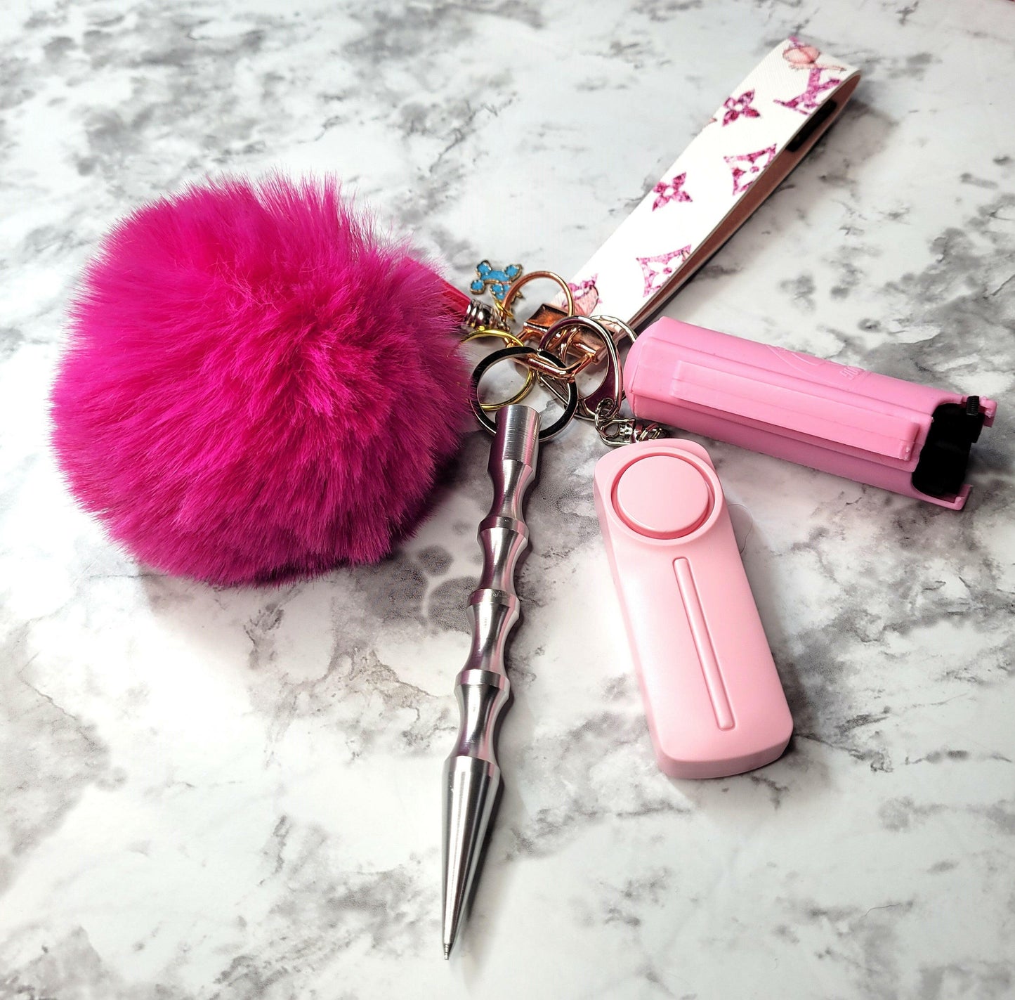 White and Pink Butterfly Faux Leather Light Pink Pepper Spray Self-Defense Keychain.