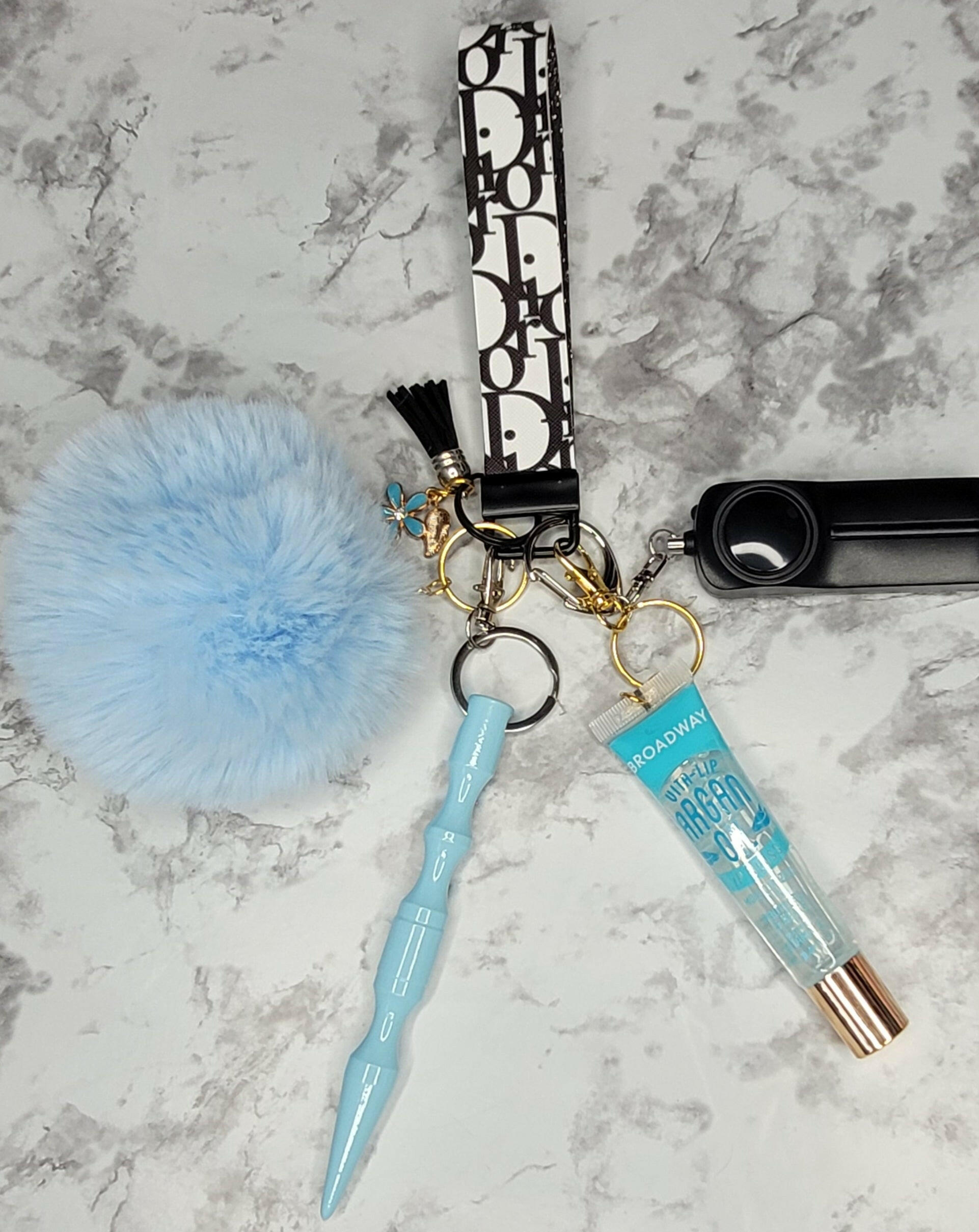 Black and White Faux Leather Wristlet Blue Pompom Self-Defense Keychain.