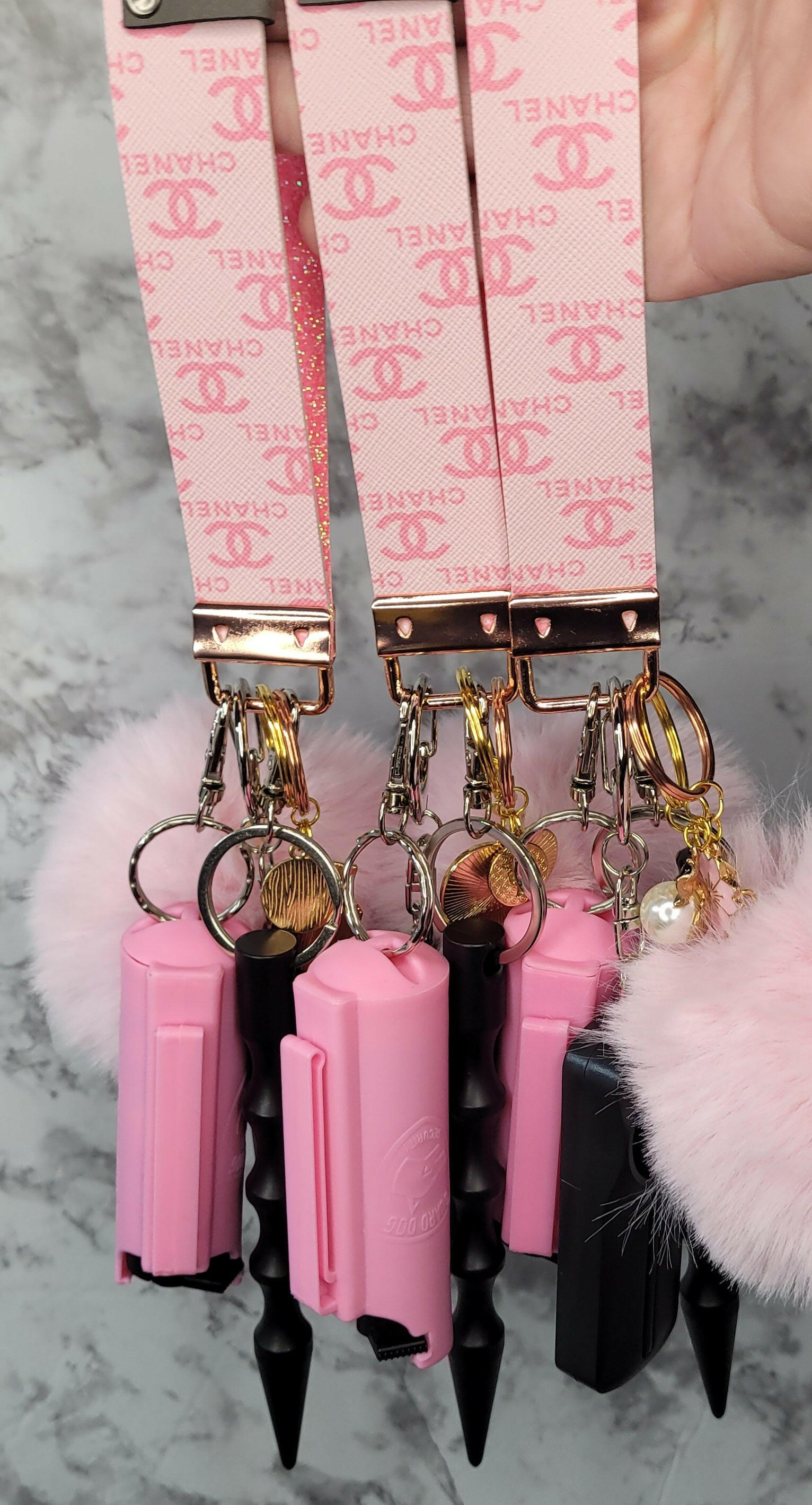 Light Pink Print Faux Leather with Crystal Shoe Pendant Self-Defense Keychain.