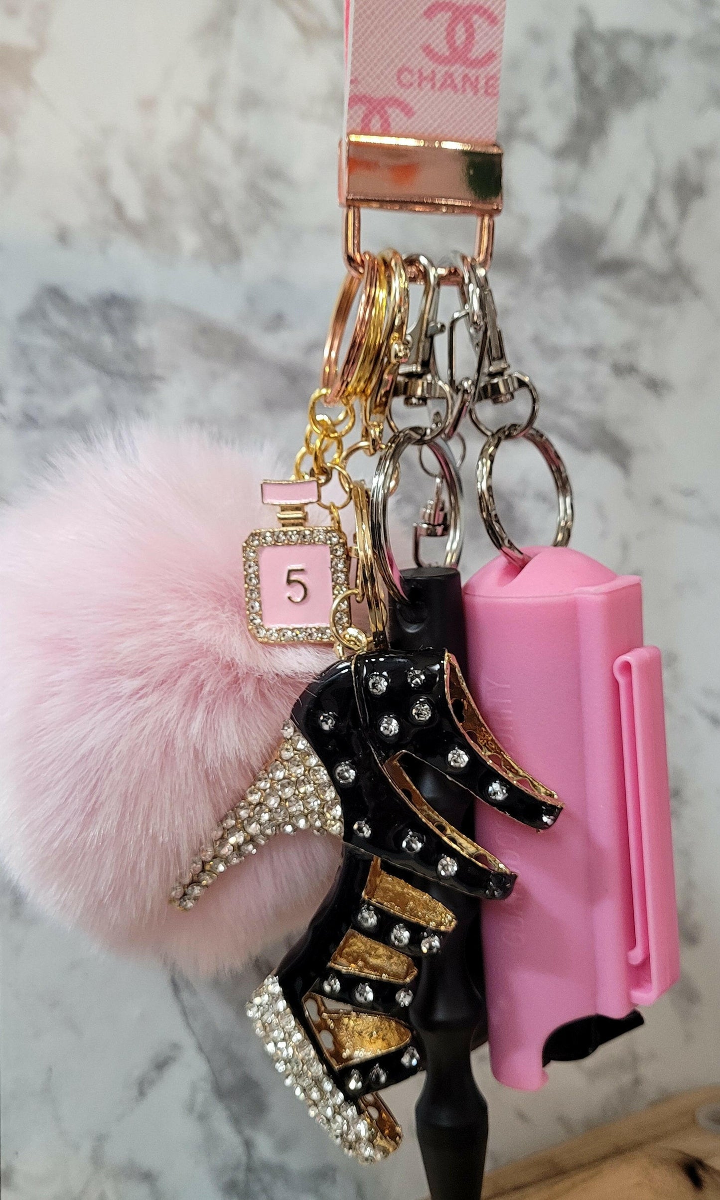 Light Pink Print Faux Leather with Crystal Shoe Pendant Self-Defense Keychain.