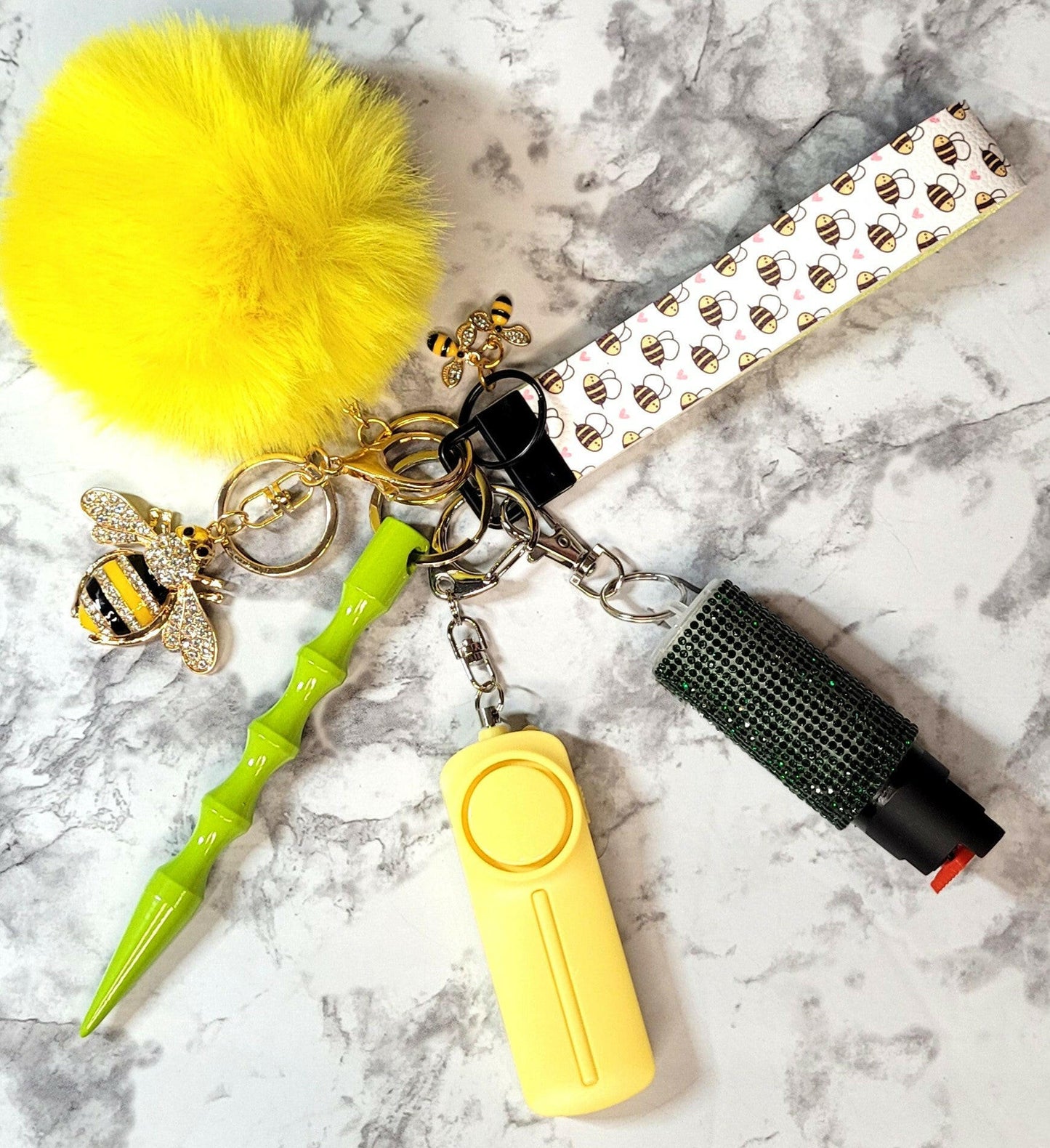 Bumble Bee Faux Leather Crystal Bee Pendant Self-Defense Keychain.