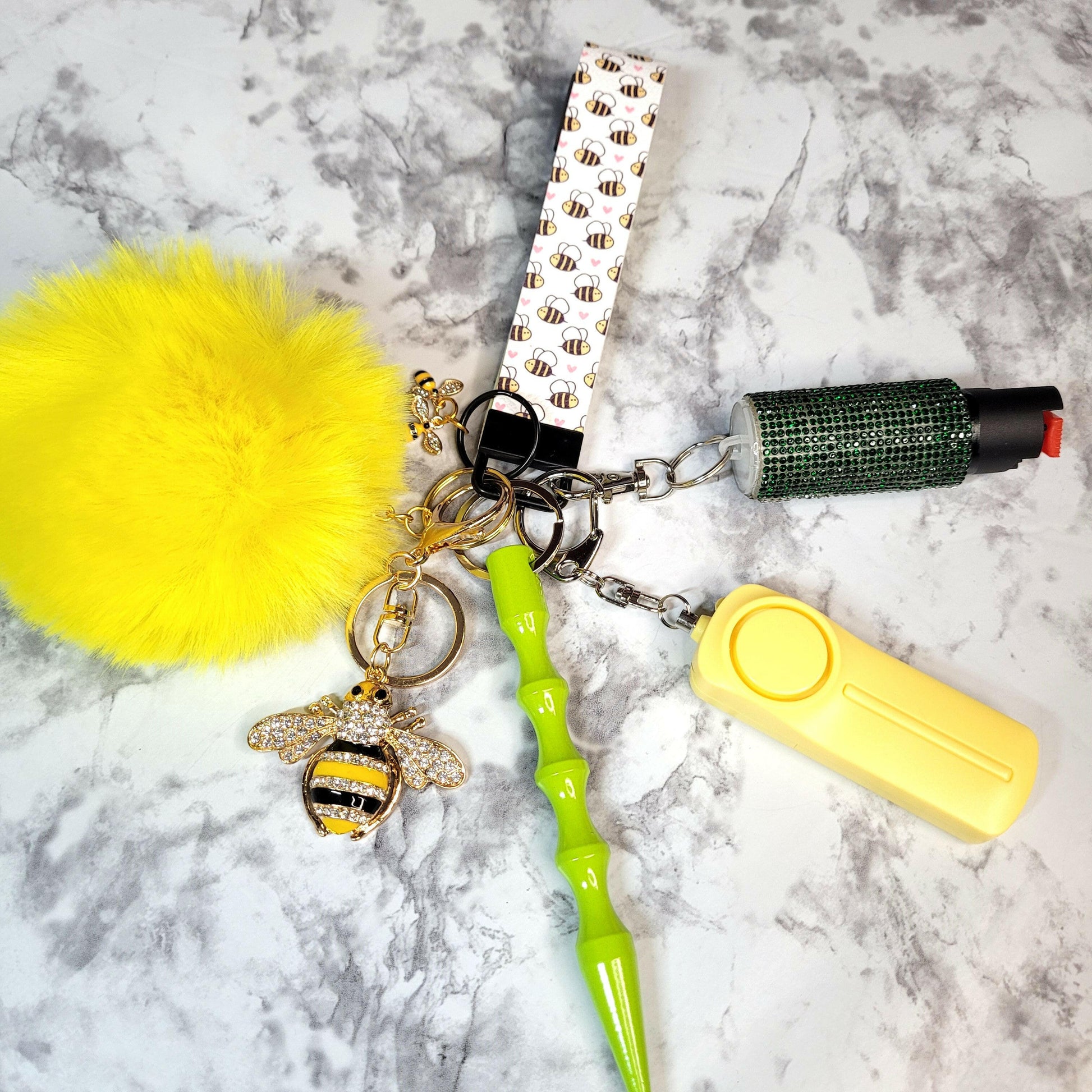 Bumble Bee Faux Leather Crystal Bee Pendant Self-Defense Keychain.