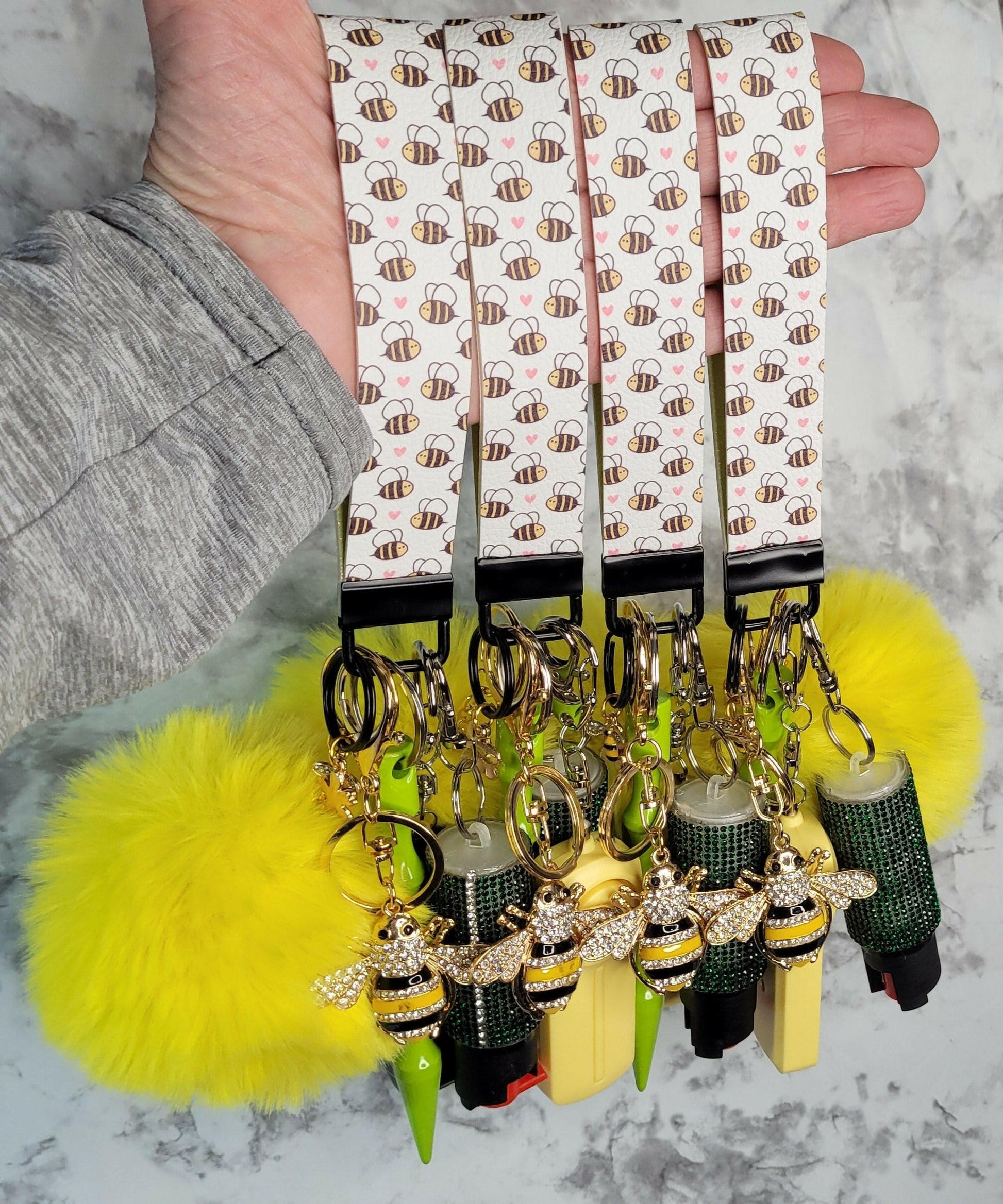 Bumble Bee Faux Leather Crystal Bee Pendant Self-Defense Keychain.