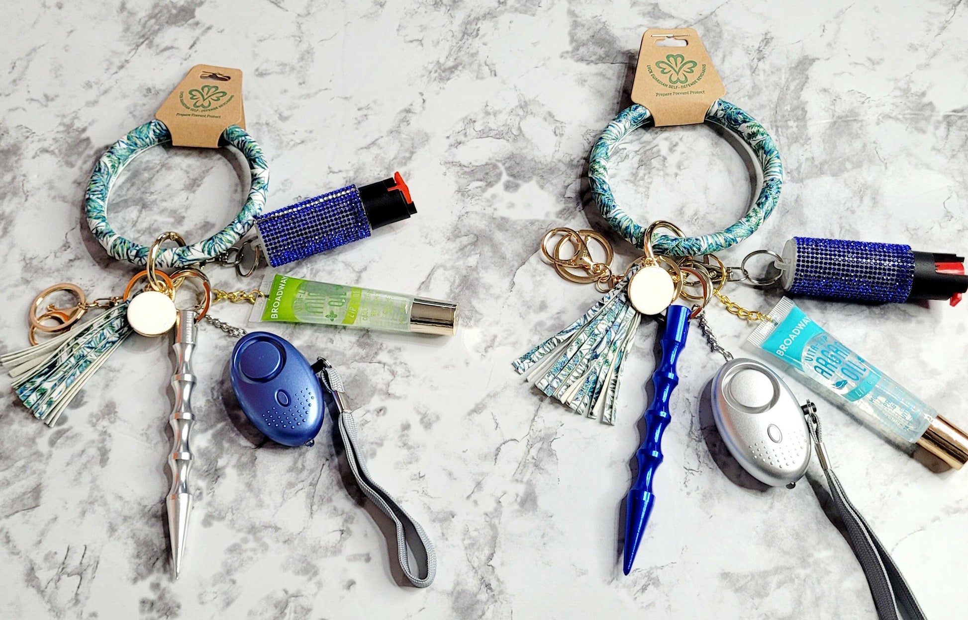 Tropical Ring Wristlet Blue Kubaton Silver Alarm Self-Defense Keychain.