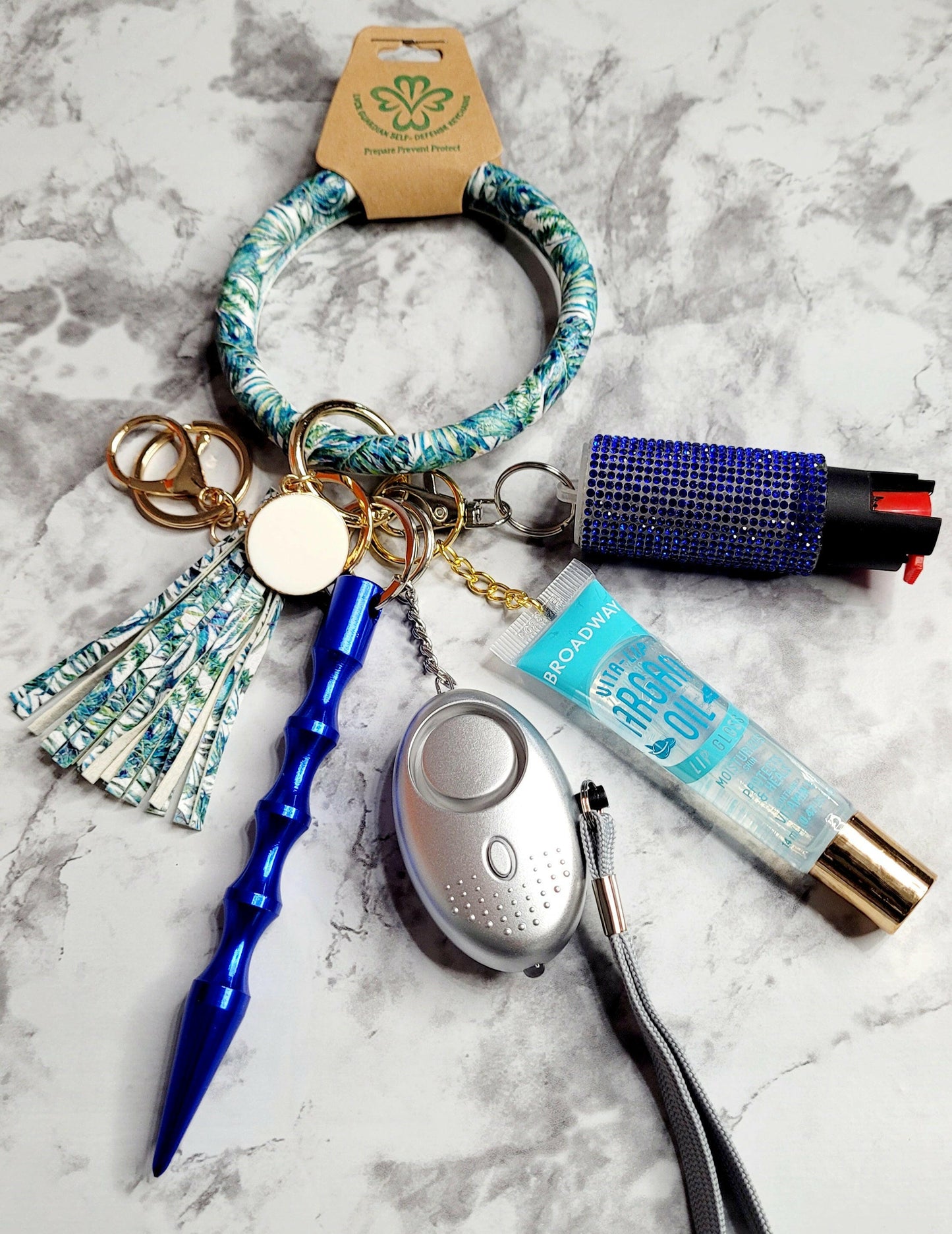 Tropical Ring Wristlet Blue Kubaton Silver Alarm Self-Defense Keychain.