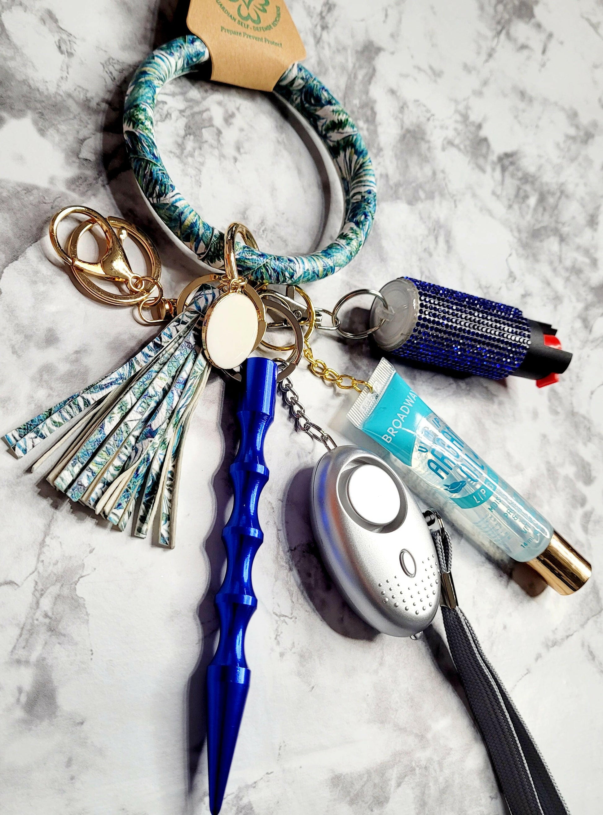 Tropical Ring Wristlet Blue Kubaton Silver Alarm Self-Defense Keychain.