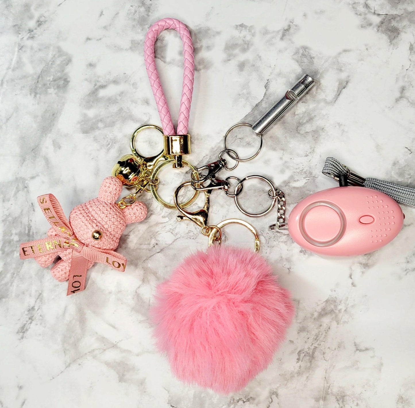 Pink Bear with Bell Bright Pink Pompom Keychain.