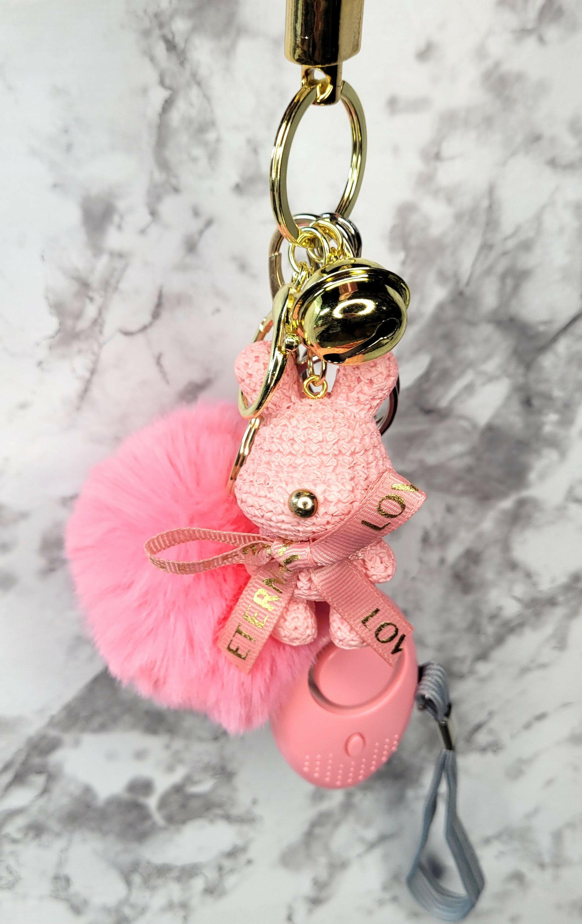 Pink Bear with Bell Bright Pink Pompom Keychain.