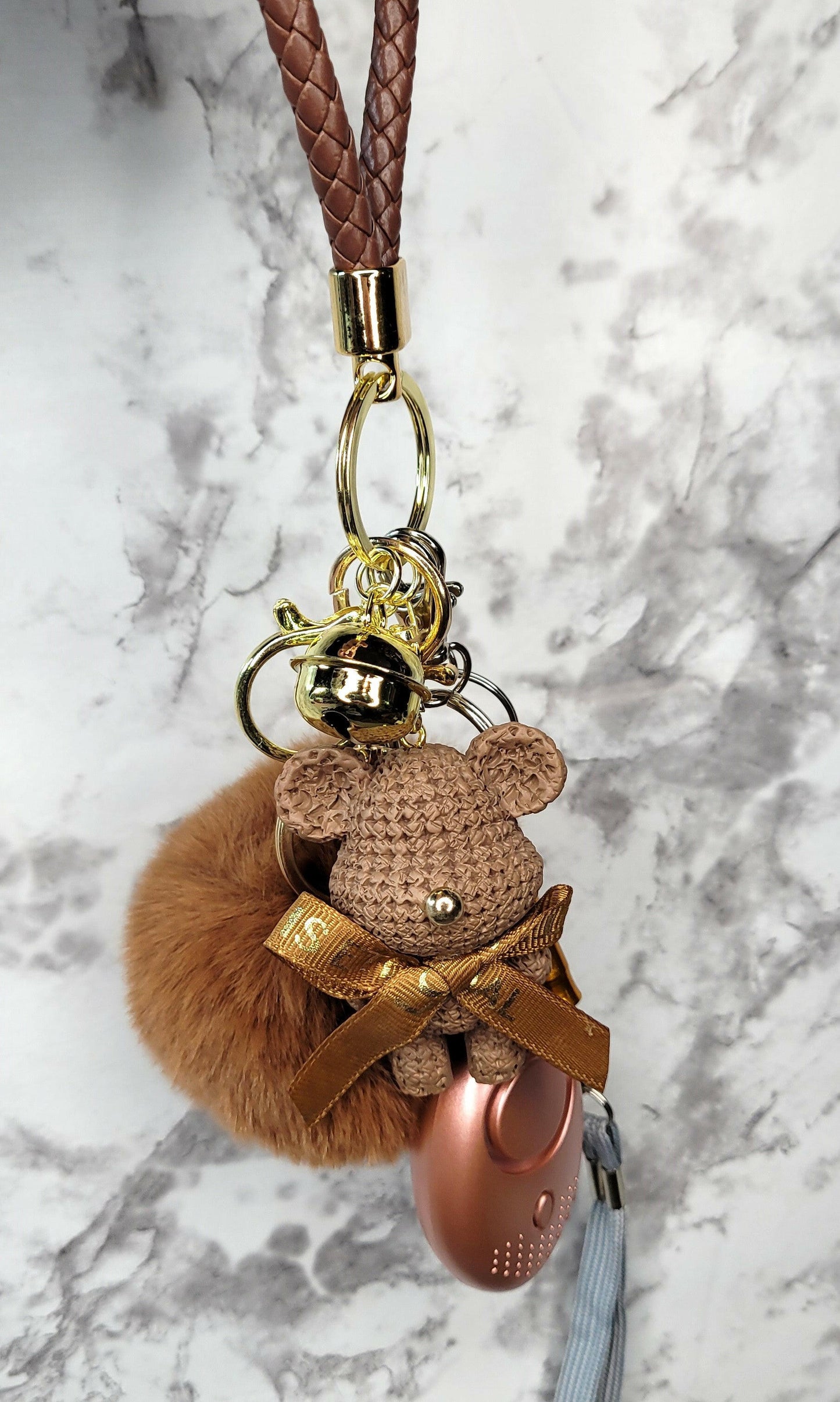 Brown Bear with Bell Rose Gold Alarm Keychain.