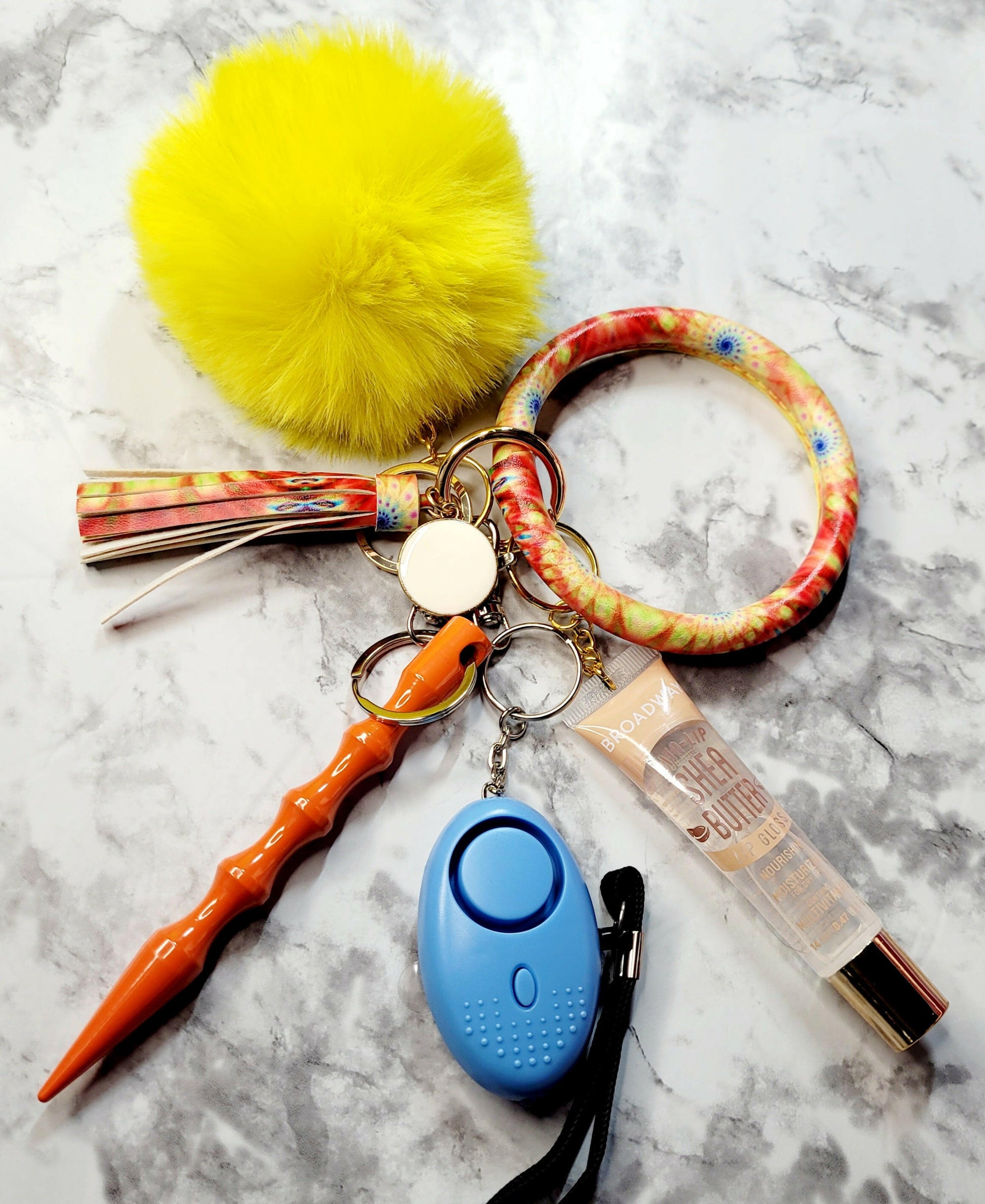 Sunburst Ring Wristlet Orange Kubaton Blue Alarm Self-Defense Keychain.