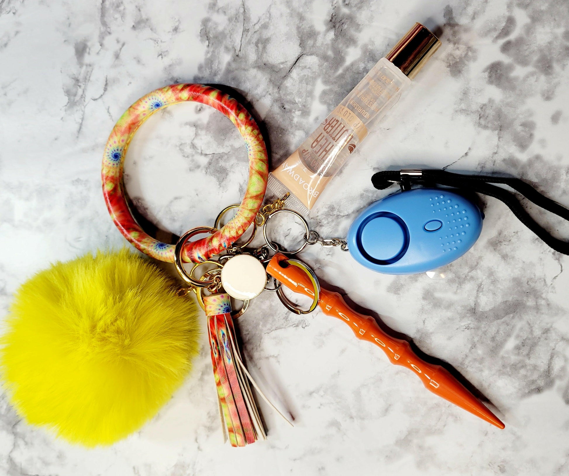 Sunburst Ring Wristlet Orange Kubaton Blue Alarm Self-Defense Keychain.