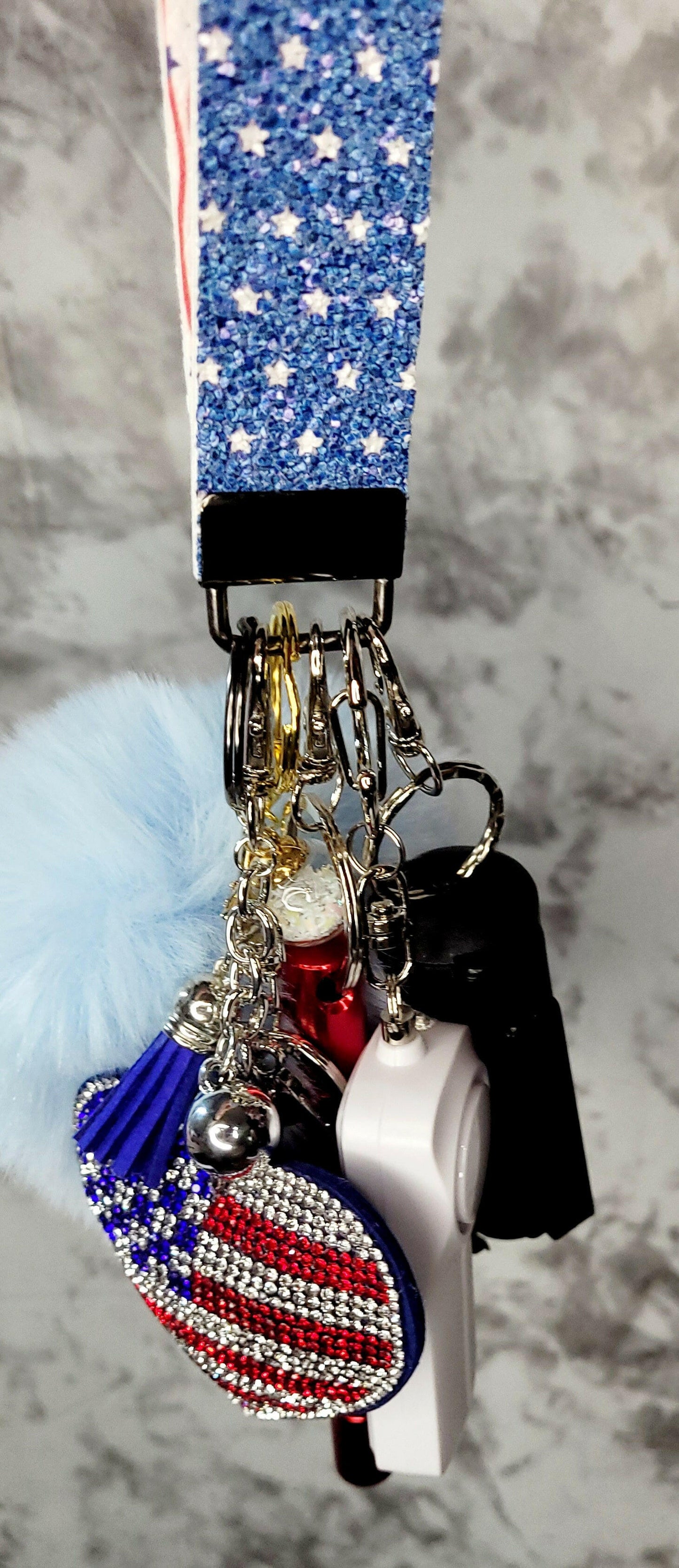 American Flag Glitter Heart Faux Leather Self Defense Keychain.