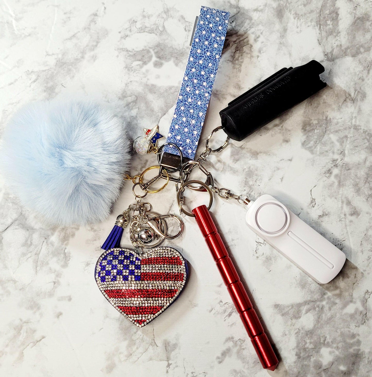 American Flag Glitter Heart Faux Leather Self Defense Keychain.