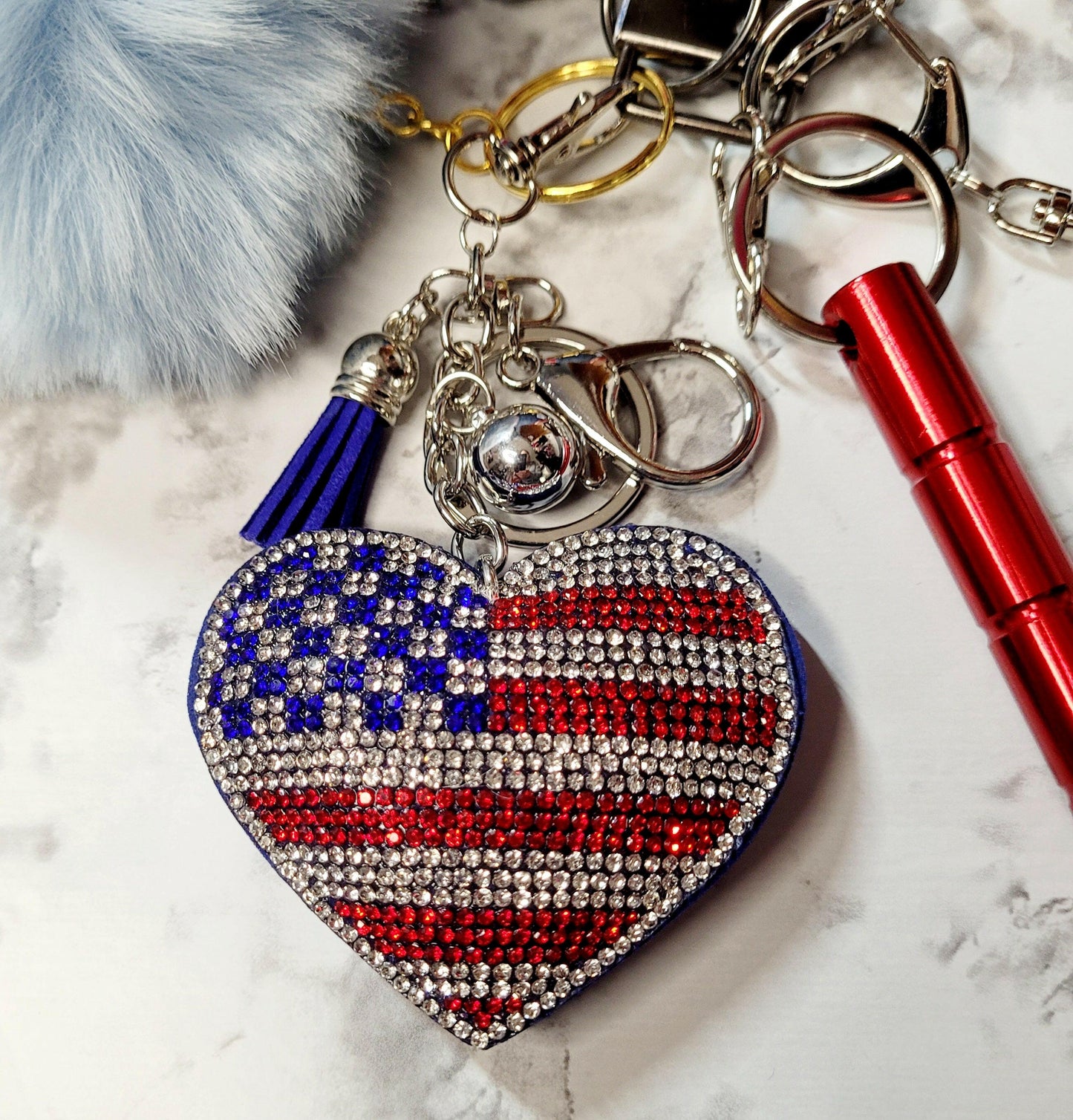 American Flag Glitter Heart Faux Leather Self Defense Keychain.