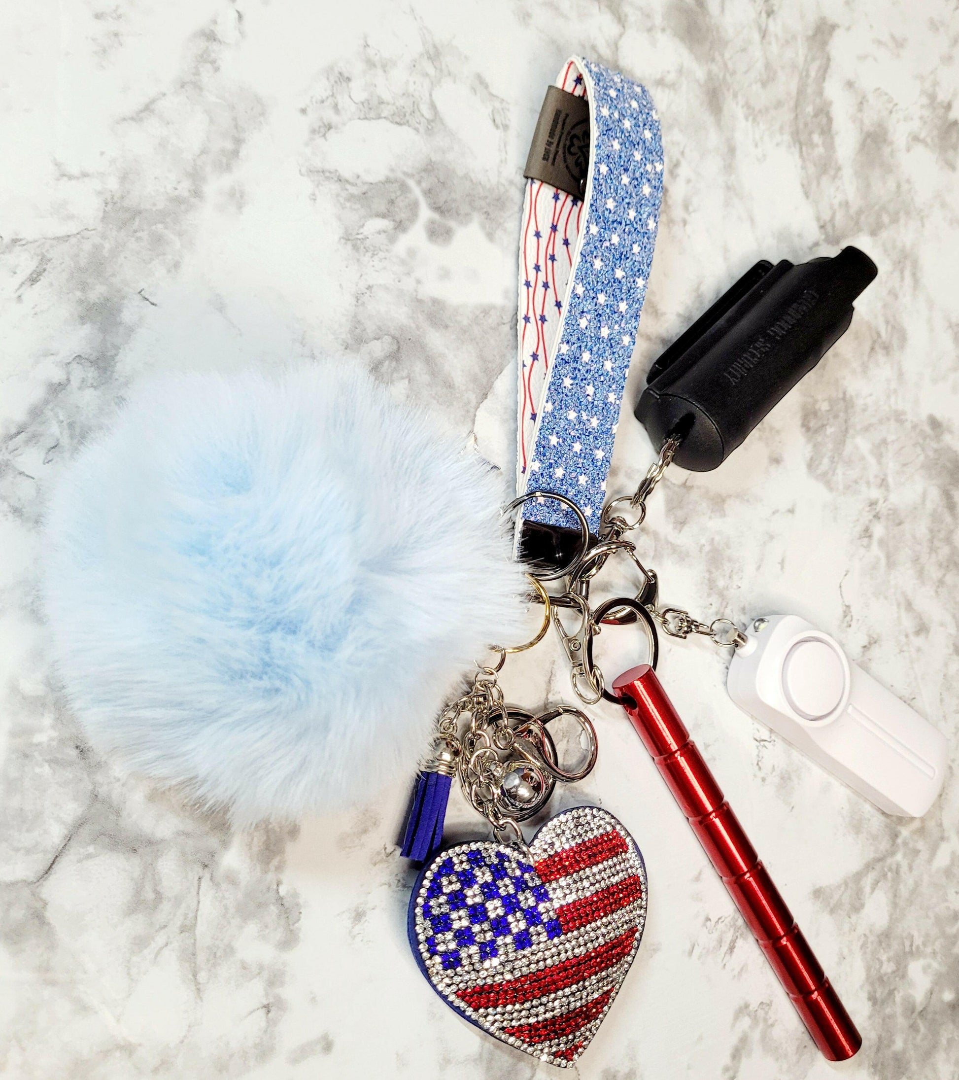 American Flag Glitter Heart Faux Leather Self Defense Keychain.