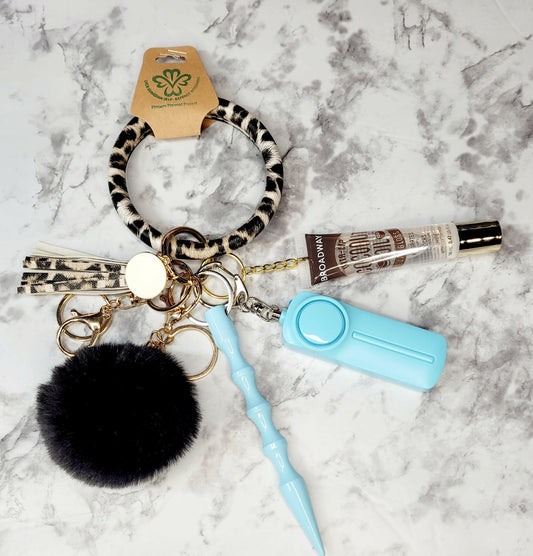 Animal Print Ring Wristlet Black Pompom Self Defense Keychain.