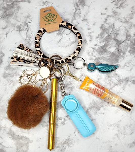 Animal Print Ring Wristlet Brown Pompom Self Defense Keychain.