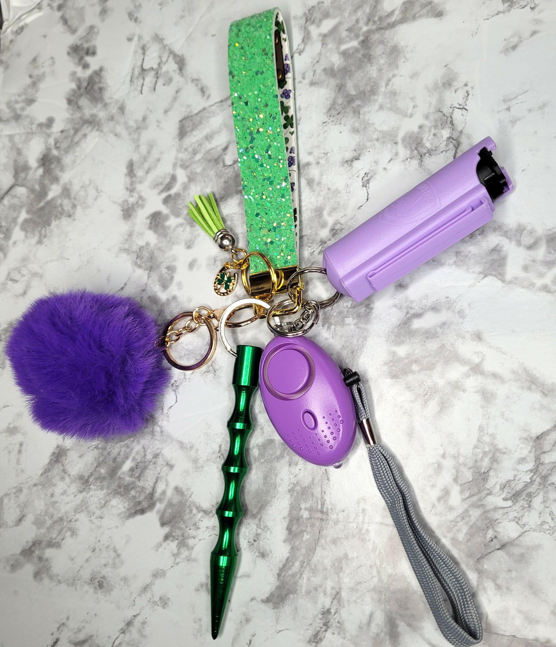Green Sparkle Faux Leather Light Purple Pepper Spray Self-Defense Keychain.