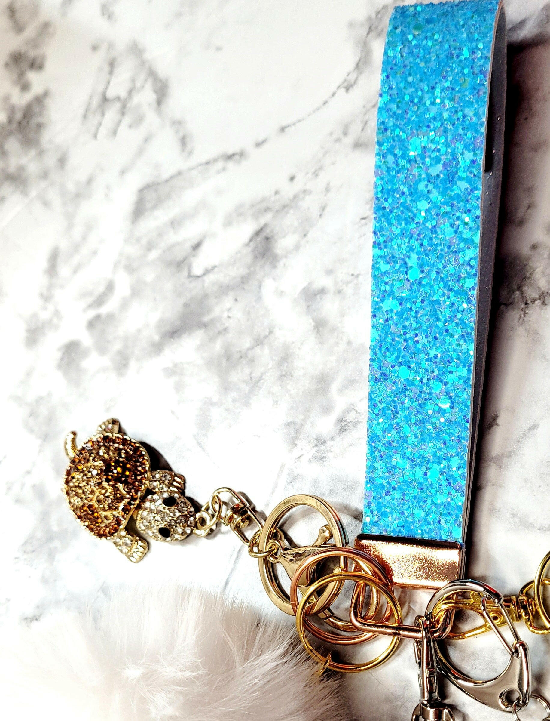 Sea Life Blue Sparkle Faux Leather Gold Crystal Sea Turtle Self-Defense Keychain.