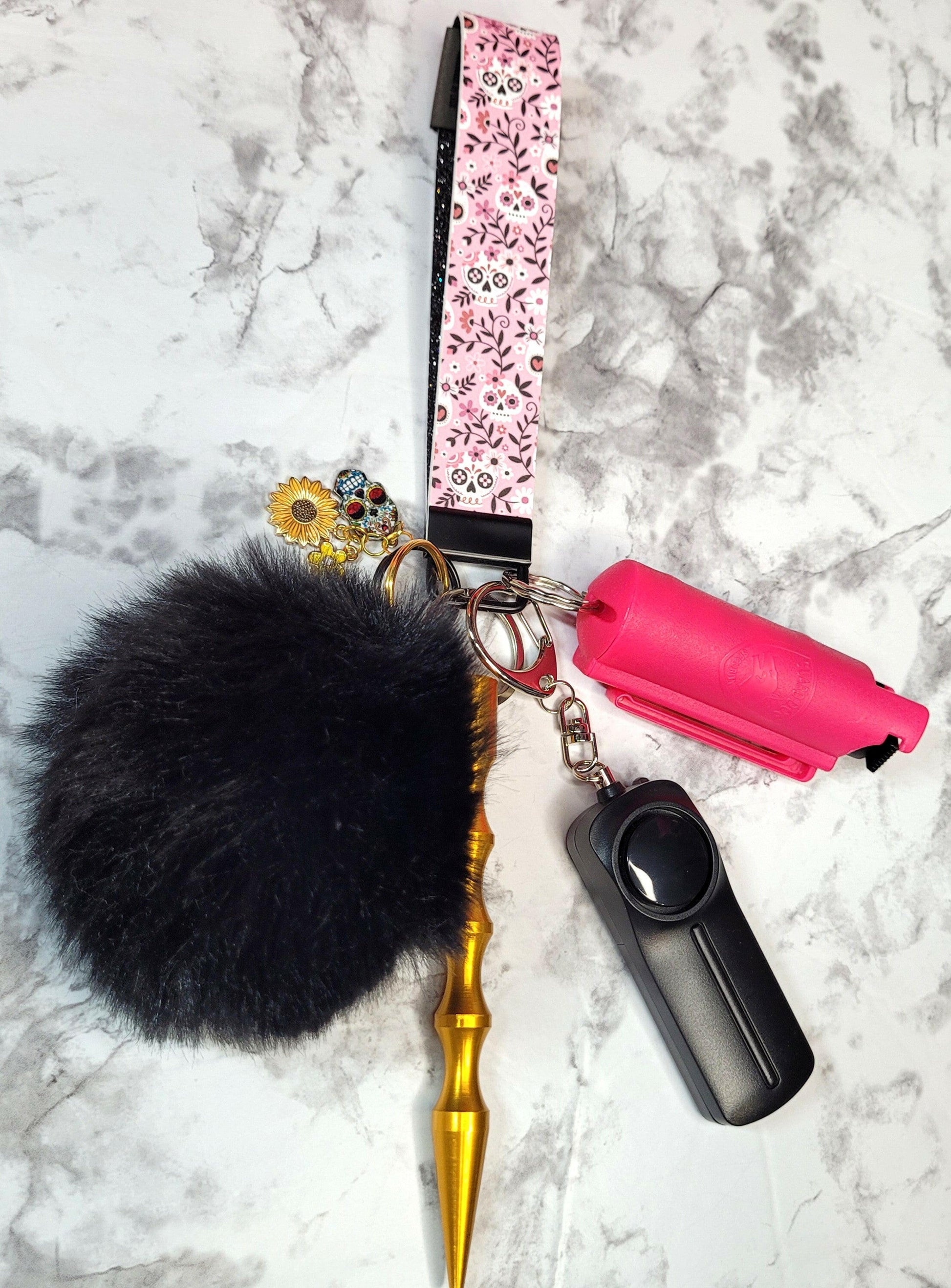 Sugar Skull Pink and Black Faux Leather Gold Kubaton Self-Defense Keychain.