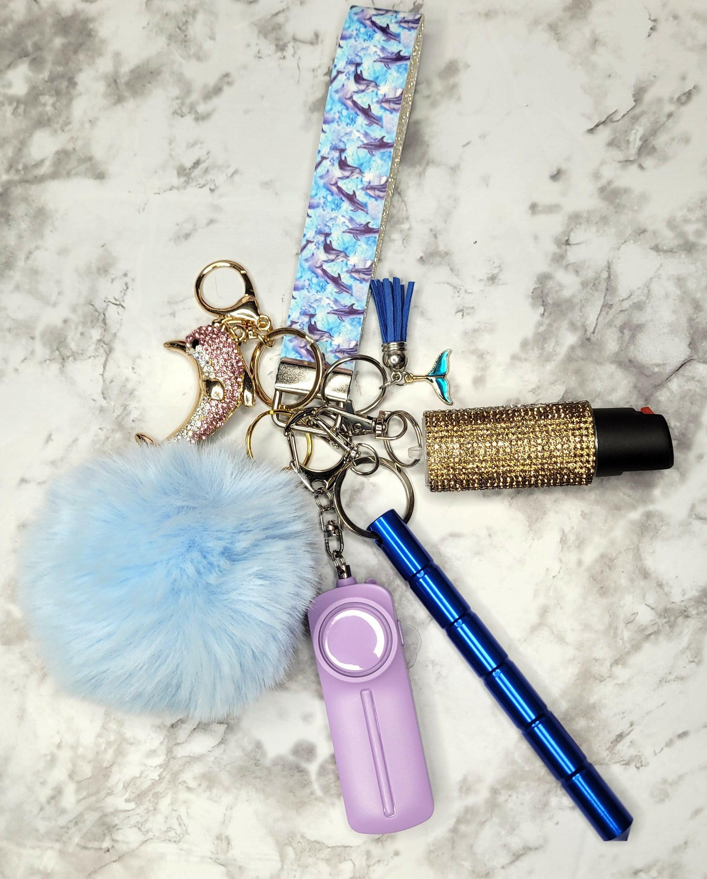 Dolphin Faux Leather Blue Pompom Pink Crystal Pendant Self-Defense Keychain.