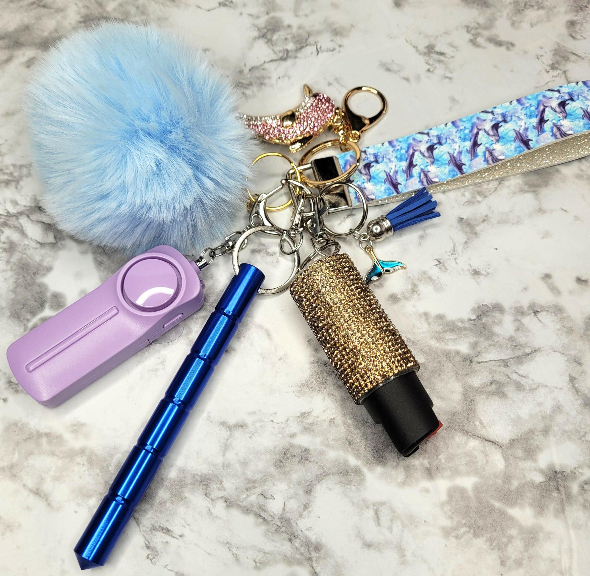 Dolphin Faux Leather Blue Pompom Pink Crystal Pendant Self-Defense Keychain.