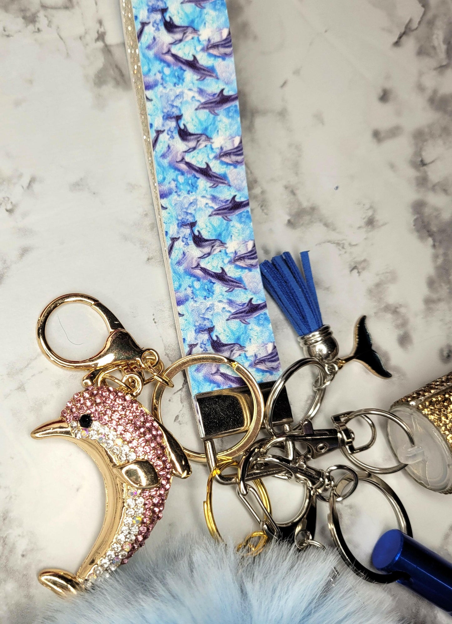 Dolphin Faux Leather Blue Pompom Pink Crystal Pendant Self-Defense Keychain.