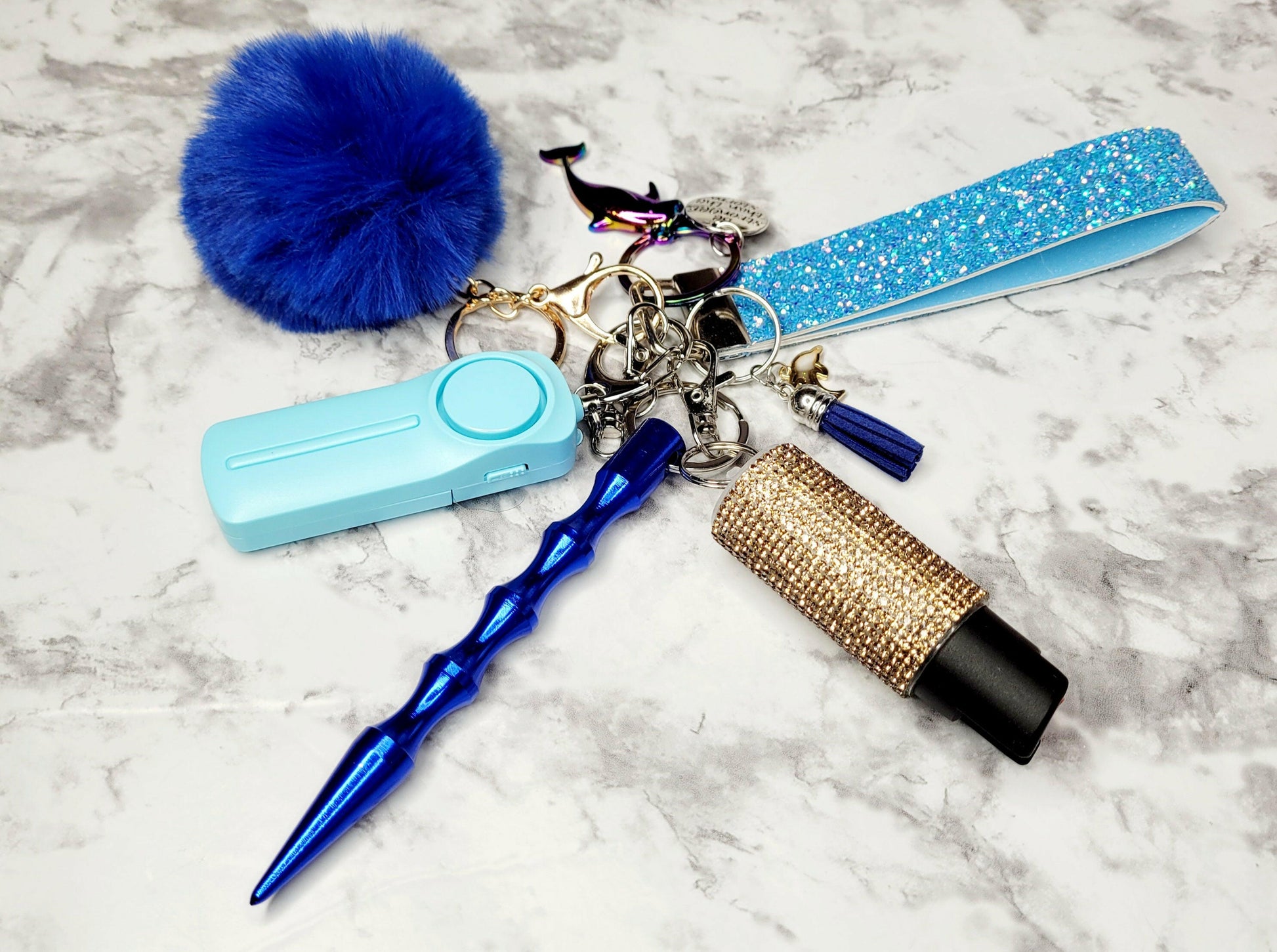 Dolphin Blue Faux Leather Gold Pepperspray Iridescent Pendant Self-Defense Keychain.