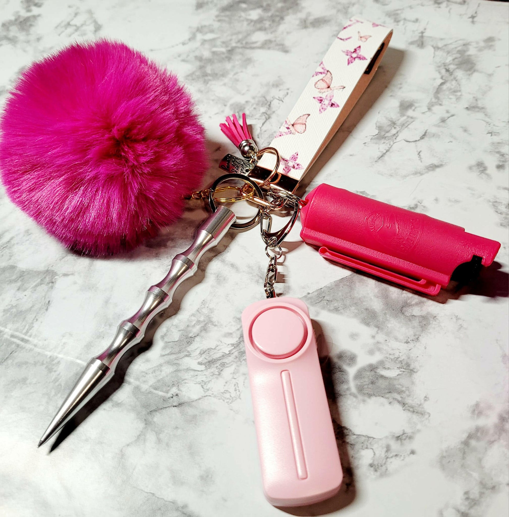 White and Pink Butterfly Faux Leather Dark Pink Pepper Spray Self-Defense Keychain.